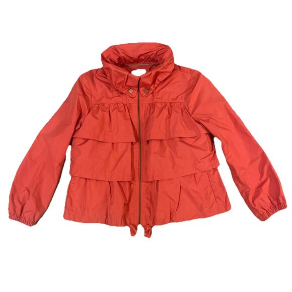 Ann Taylor Loft Coral Ruffle Tiered Windbreaker Jacket Zip Front Petite M - Picture 1 of 6